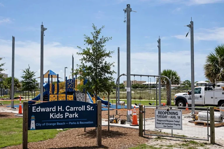 Illustration for the news story: Orange Beach’s Edward H. Carroll Sr. Kids Park to Reopen Tuesday as Shade Sail Work Continues