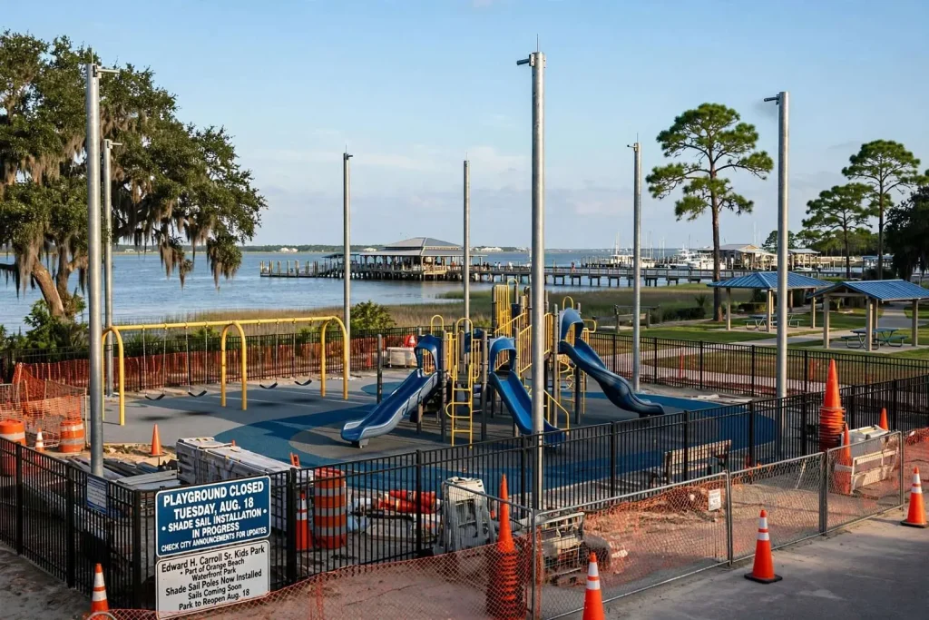 Illustration for the news story: Orange Beach’s Kids Park Playground Set to Reopen Aug. 18 After Shade Sail Work