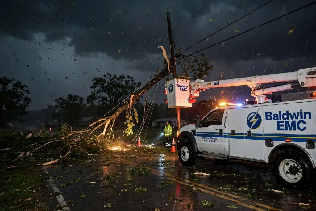 Illustration for the news story: Overnight Storms Cut Power to Tens of Thousands Across Baldwin and Mobile Counties