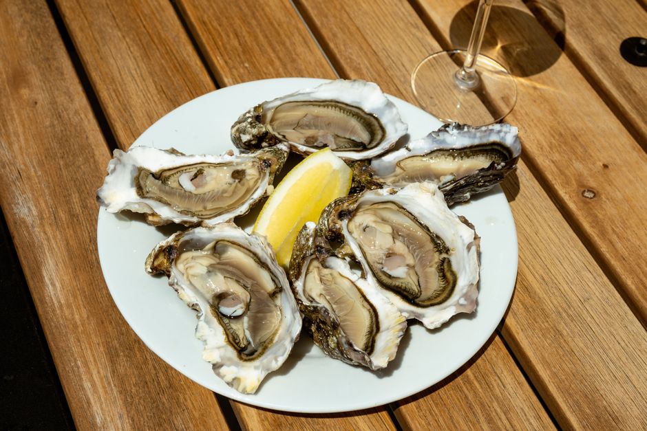Plate of fresh oysters on the half shell at a coastal restaurant