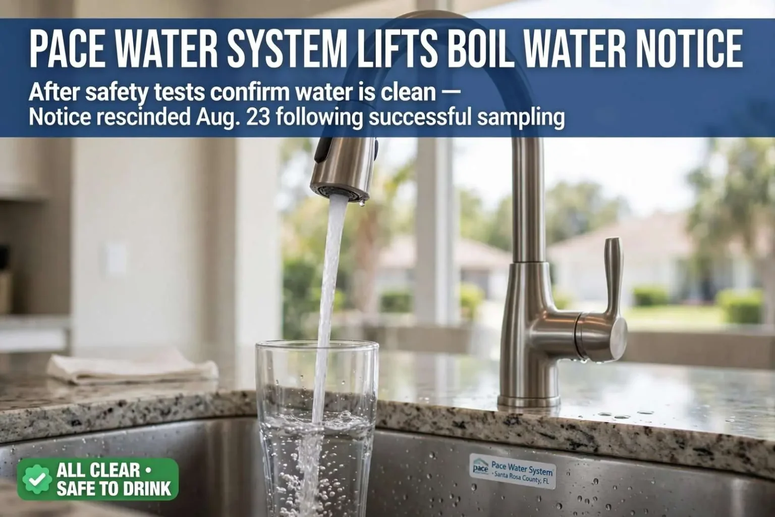 Illustration for the news story: Pace Water System Lifts Boil Water Notice After Safety Tests Confirm Water Is Clean