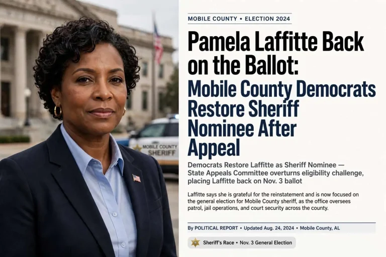 Illustration for the news story: Pamela Laffitte Back on the Ballot: Mobile County Democrats Restore Sheriff Nominee After Appeal