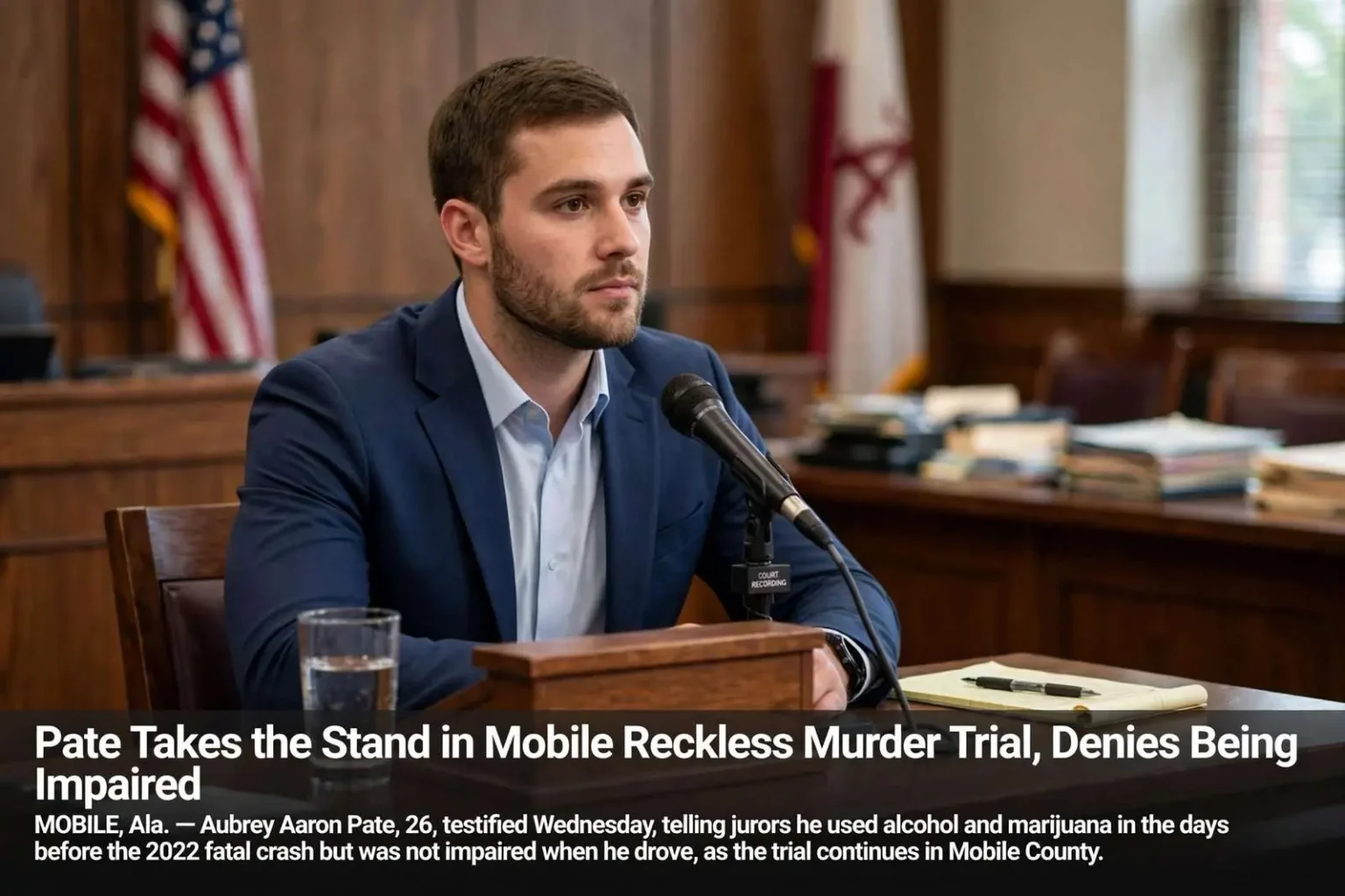 Illustration for the news story: Pate Takes the Stand in Mobile Reckless Murder Trial, Denies Being Impaired