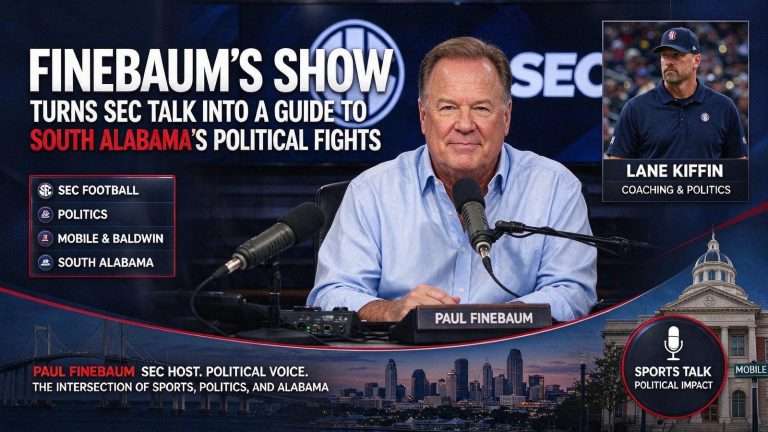 Illustration for the news story: Finebaum’s Show Turns SEC Talk Into a Guide to South Alabama’s Political Fights