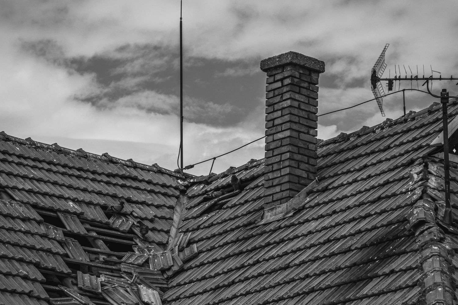 Storm damage to a building roof