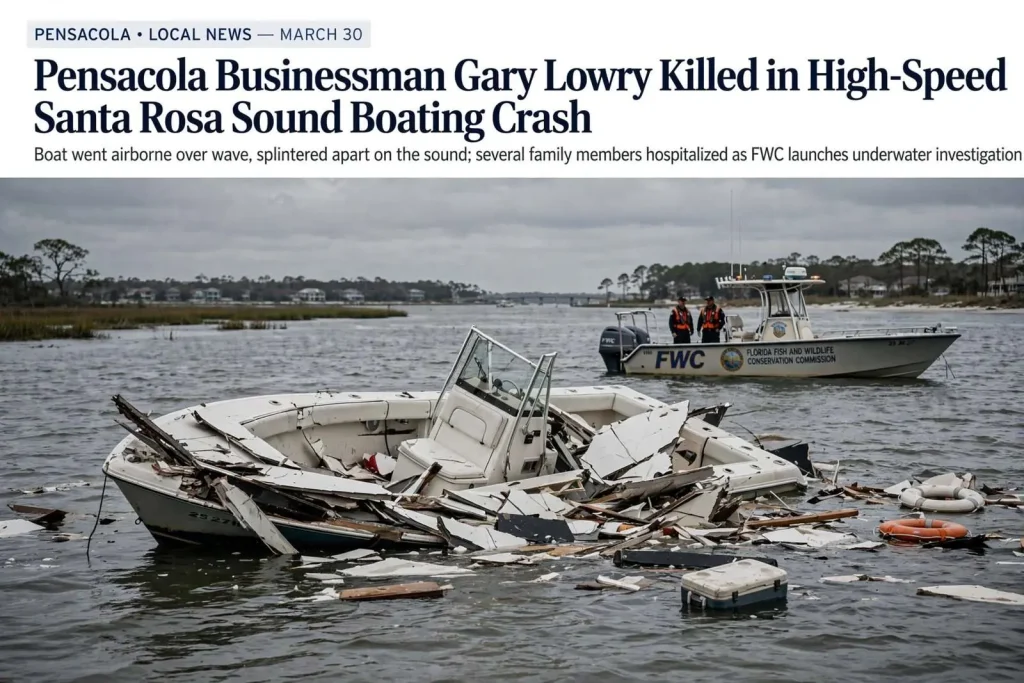 Illustration for the news story: Pensacola Businessman Gary Lowry Killed in High-Speed Santa Rosa Sound Boating Crash
