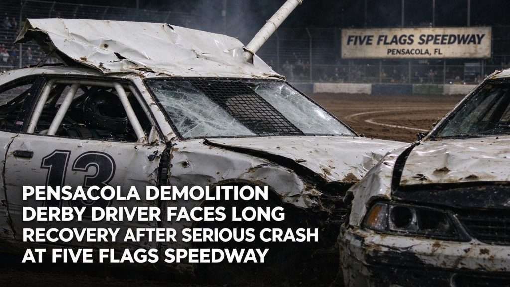 Illustration for the news story: Pensacola Demolition Derby Driver Faces Long Recovery After Serious Crash at Five Flags Speedway