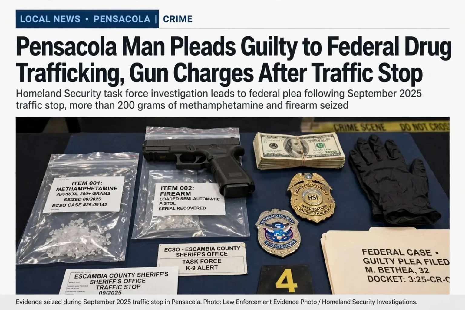 Illustration for the news story: Pensacola Man Pleads Guilty to Federal Drug Trafficking, Gun Charges After Traffic Stop