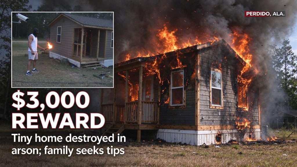 Illustration for the news story: Perdido Family Offers $3,000 Reward After Security Cameras Capture Man Torching Their Nearly Finished Tiny Home