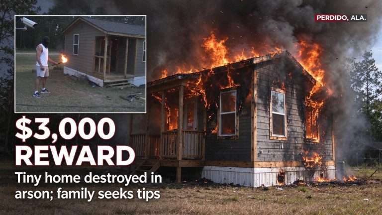 Illustration for the news story: Perdido Family Offers $3,000 Reward After Security Cameras Capture Man Torching Their Nearly Finished Tiny Home