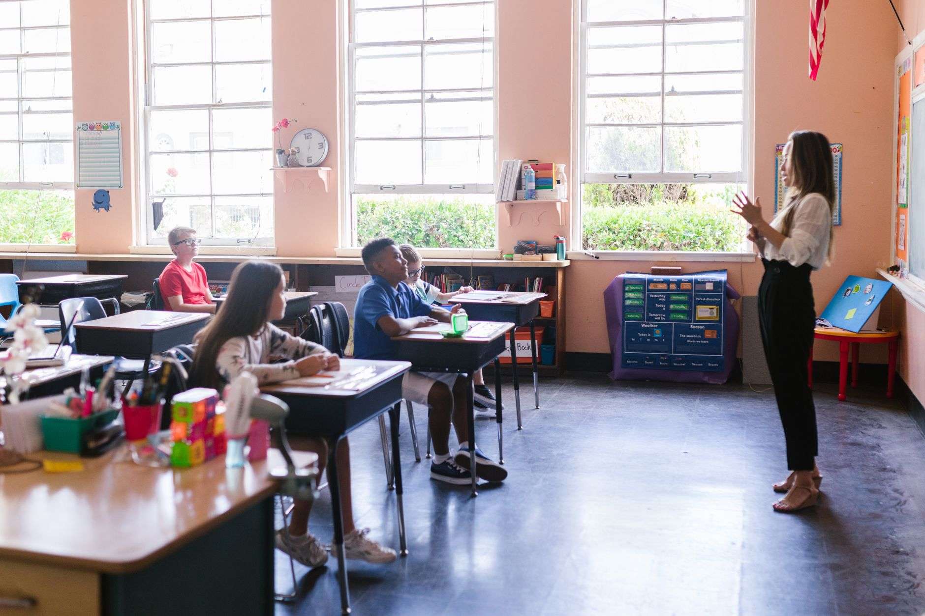 Students arriving for the first day of school at an elementary school