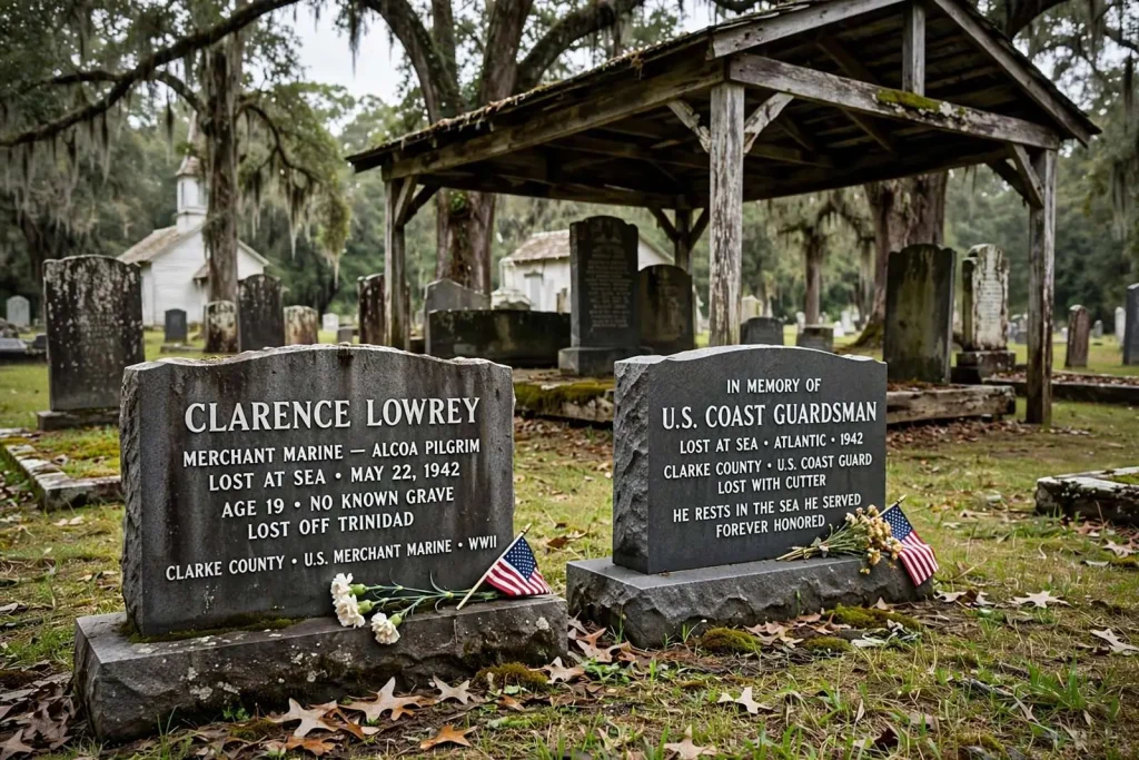 Illustration for the news story: Pleasant Grove Cemetery Markers Keep Memory of Two Clarke County Sailors Lost in World War II Alive
