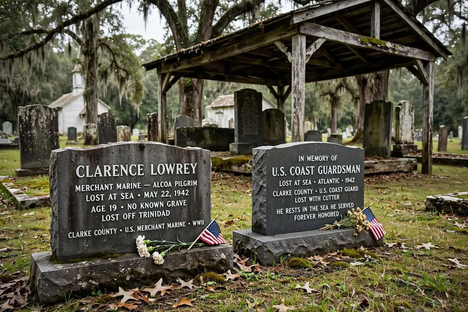 Illustration for the news story: Pleasant Grove Cemetery Markers Keep Memory of Two Clarke County Sailors Lost in World War II Alive