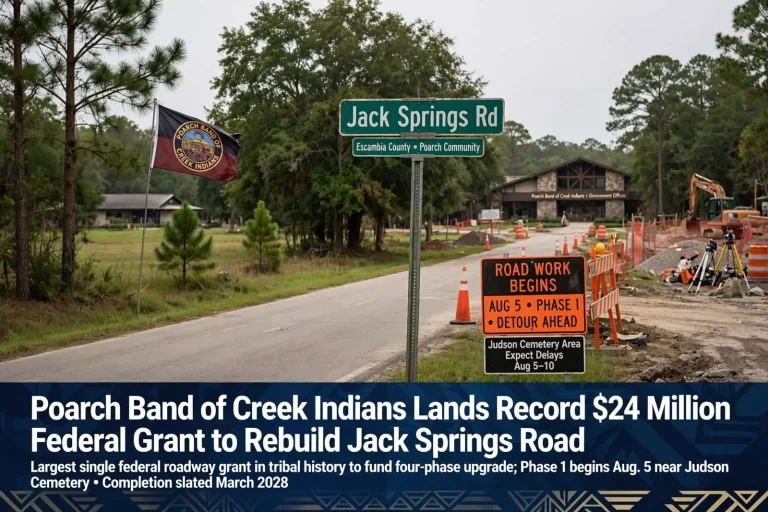 Illustration for the news story: Poarch Band of Creek Indians Lands Record $24 Million Federal Grant to Rebuild Jack Springs Road