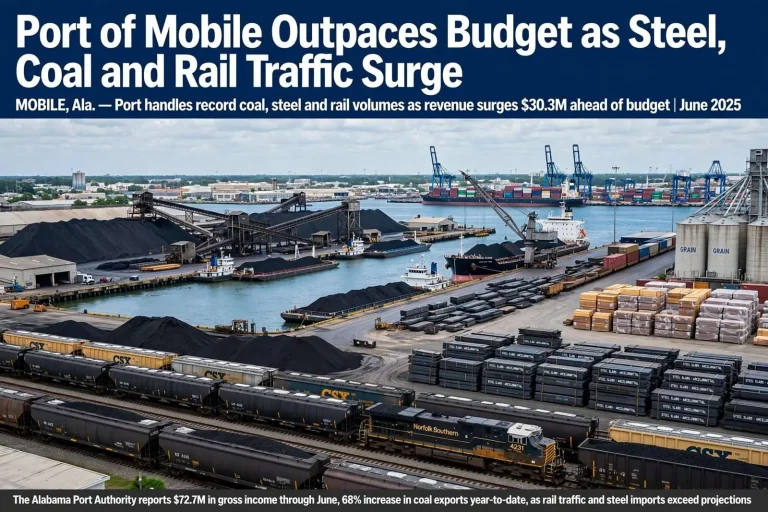 Illustration for the news story: Port of Mobile Outpaces Budget as Steel, Coal and Rail Traffic Surge