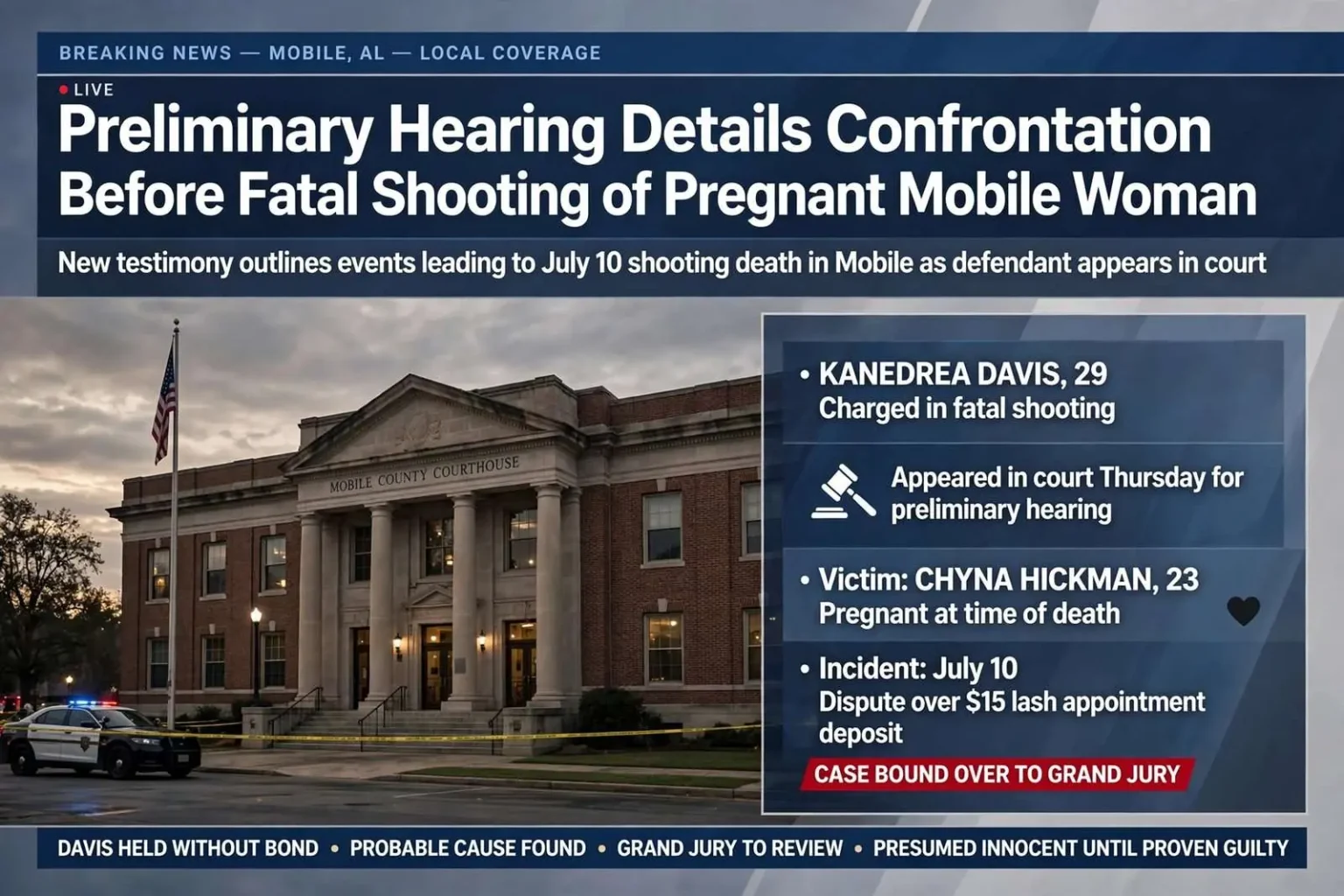 Illustration for the news story: Preliminary Hearing Details Confrontation Before Fatal Shooting of Pregnant Mobile Woman