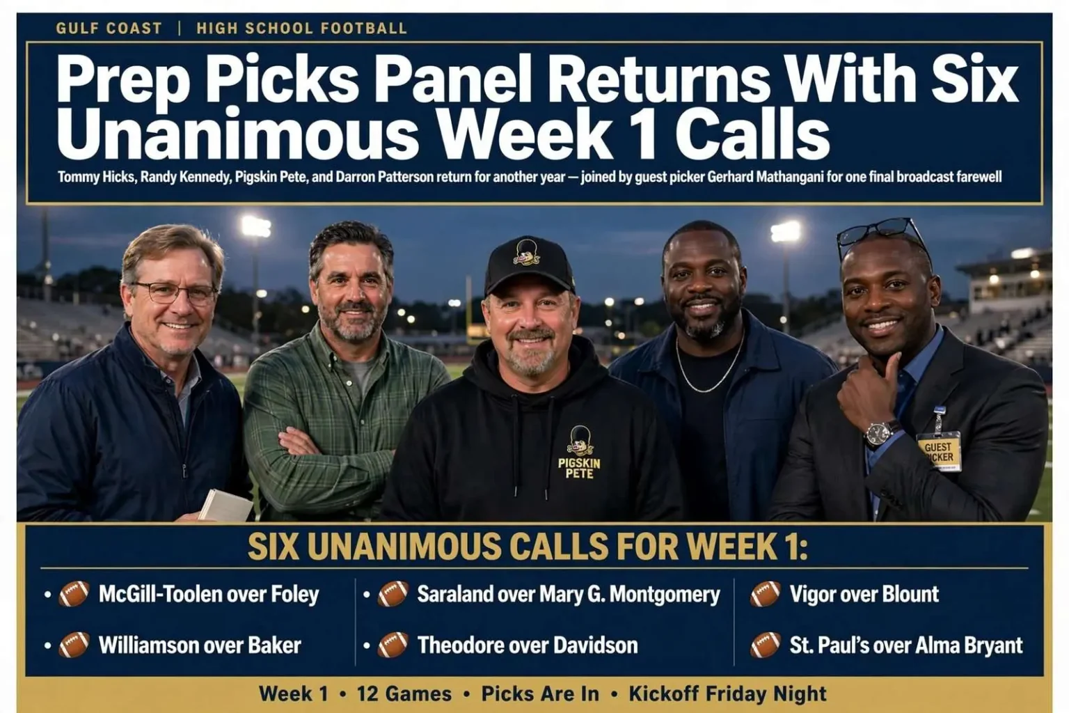Illustration for the news story: Prep Picks Panel Returns With Six Unanimous Week 1 Calls