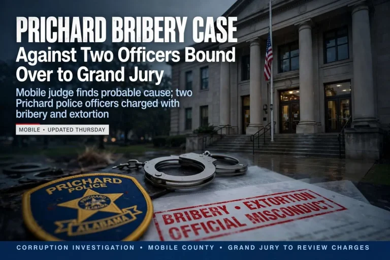Illustration for the news story: Prichard Bribery Case Against Two Officers Bound Over to Grand Jury