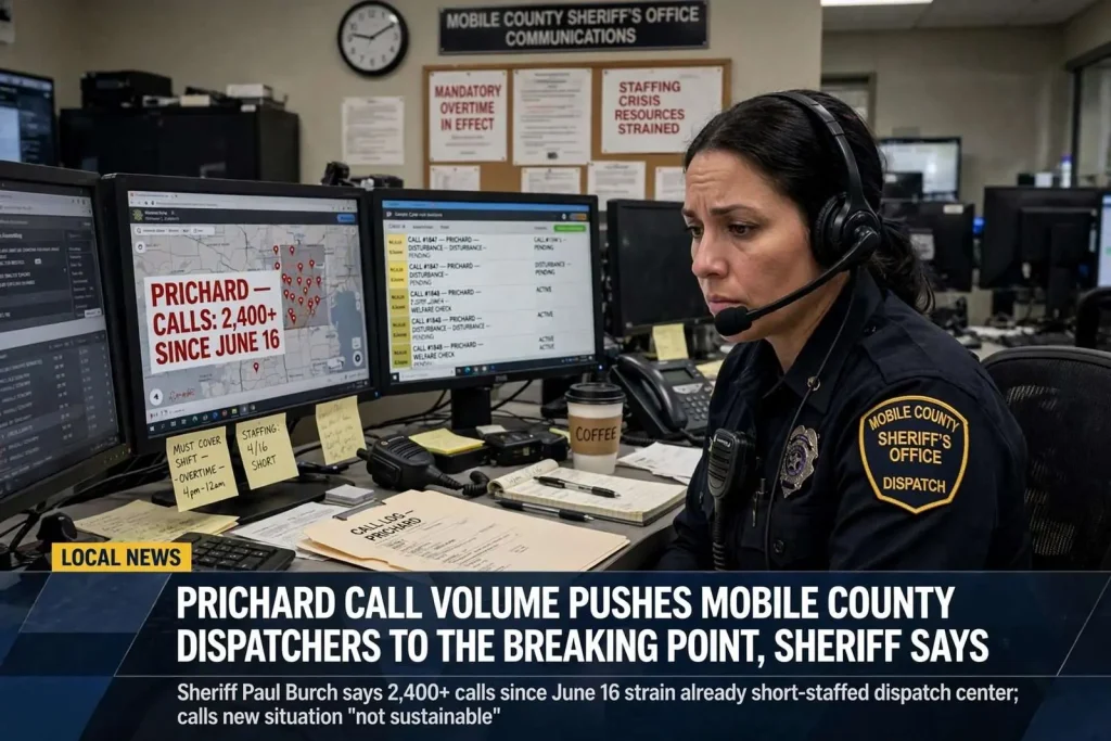 Illustration for the news story: Prichard Call Volume Pushes Mobile County Dispatchers to the Breaking Point, Sheriff Says