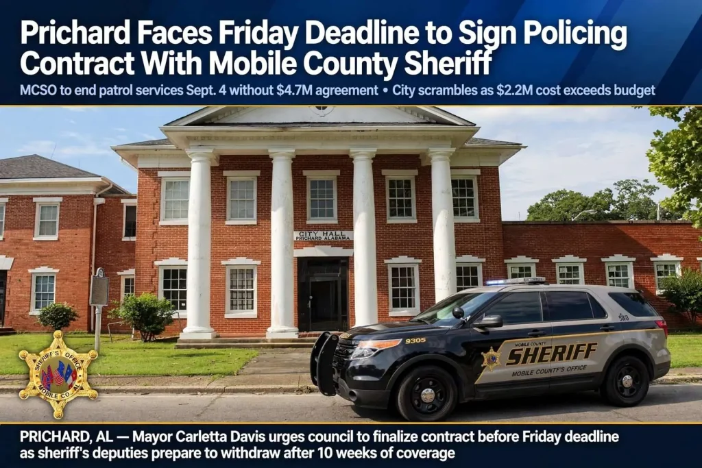 Illustration for the news story: Prichard Faces Friday Deadline to Sign Policing Contract With Mobile County Sheriff