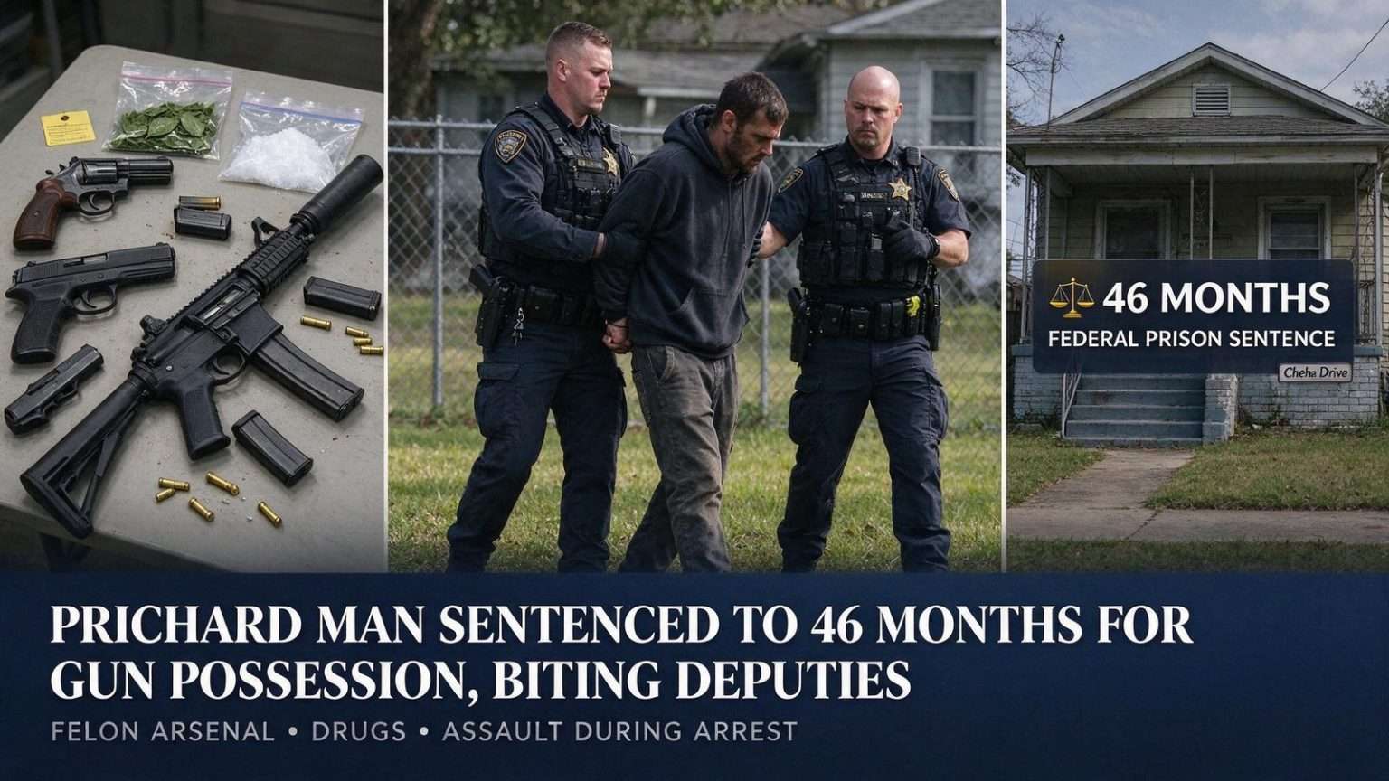 Illustration for the news story: Prichard Man Sentenced to Nearly 4 Years for Gun Possession, Biting Deputies During Arrest