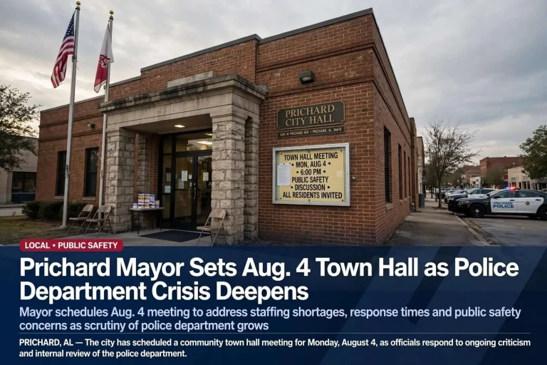 Illustration for the news story: Prichard Mayor Sets Aug. 4 Town Hall as Police Department Crisis Deepens
