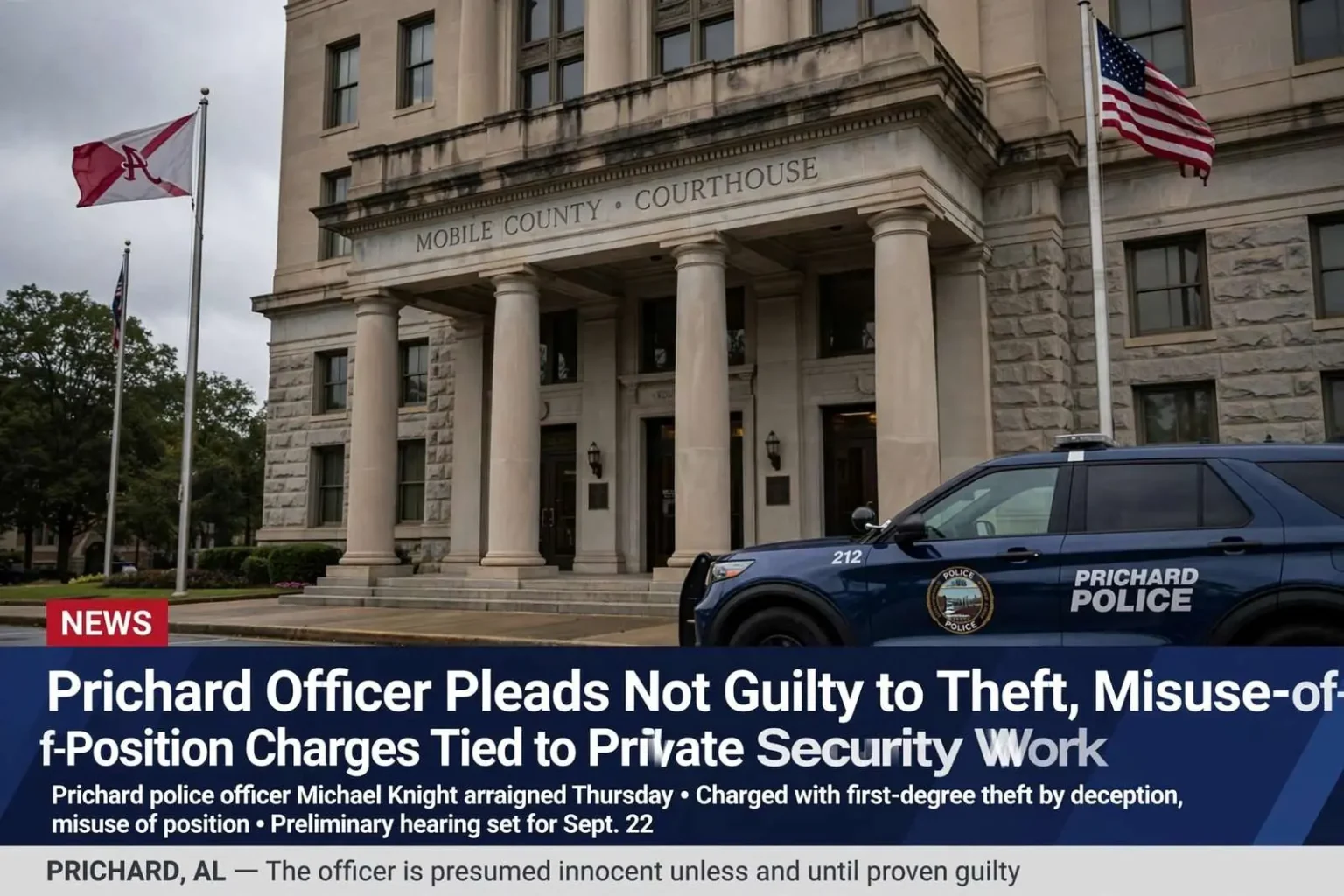Illustration for the news story: Prichard Officer Pleads Not Guilty to Theft, Misuse-of-Position Charges Tied to Private Security Work