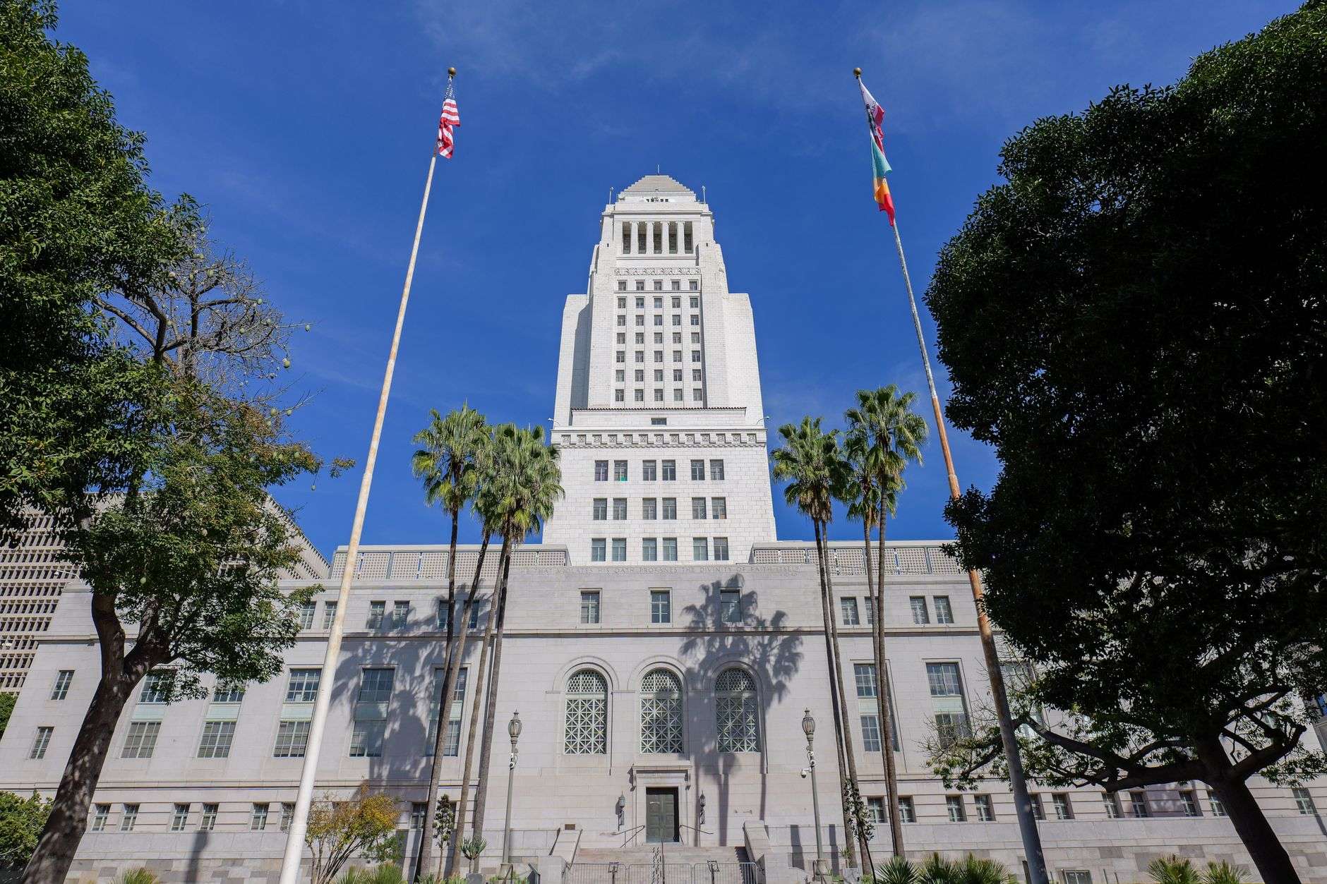 The exterior of a municipal government building on a clear day