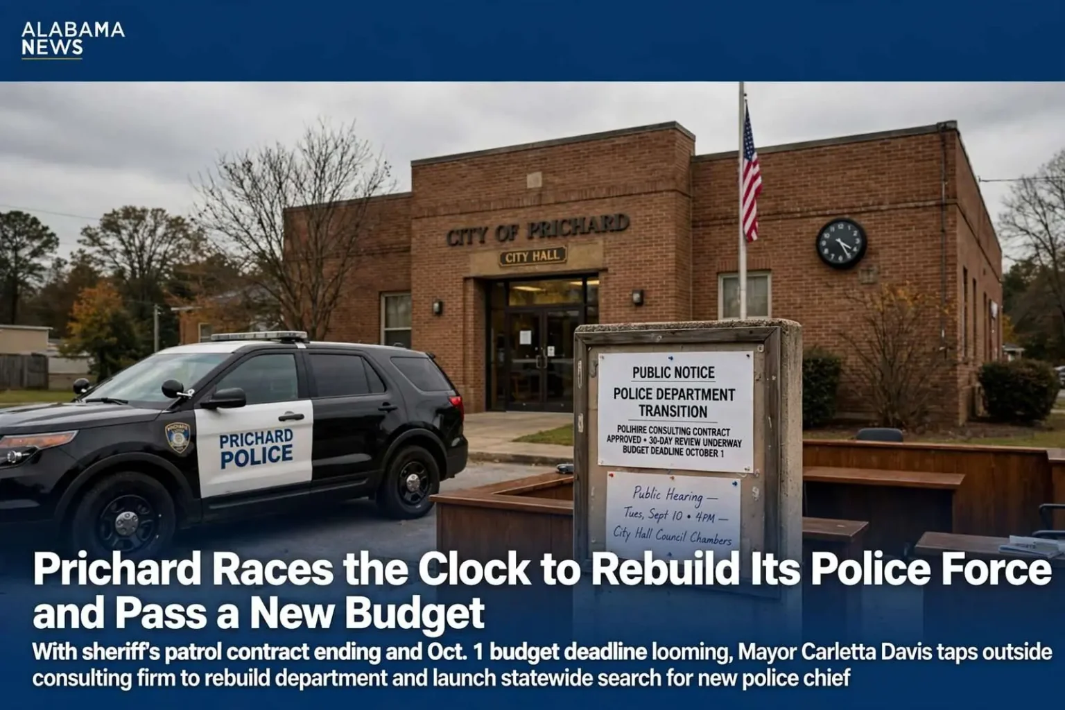 Illustration for the news story: Prichard Races the Clock to Rebuild Its Police Force and Pass a New Budget