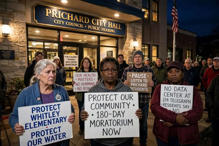 Illustration for the news story: Prichard Residents Rally Behind Data Center Moratorium at Public Hearing as Permit Question Lingers