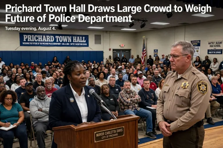 Illustration for the news story: Prichard Town Hall Draws Large Crowd to Weigh Future of Police Department