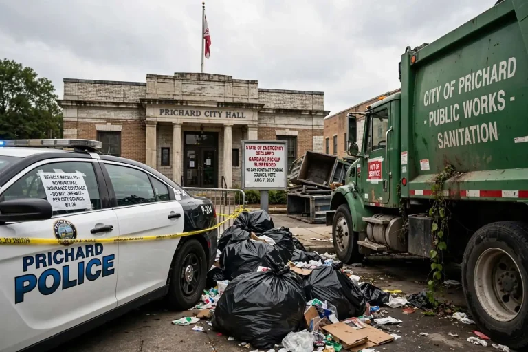 Illustration for the news story: Prichard Vehicles Pulled, Trash Pickup Declared Emergency as Mayor Weighs Self-Insurance, Council Clashes Over Garbage Contract