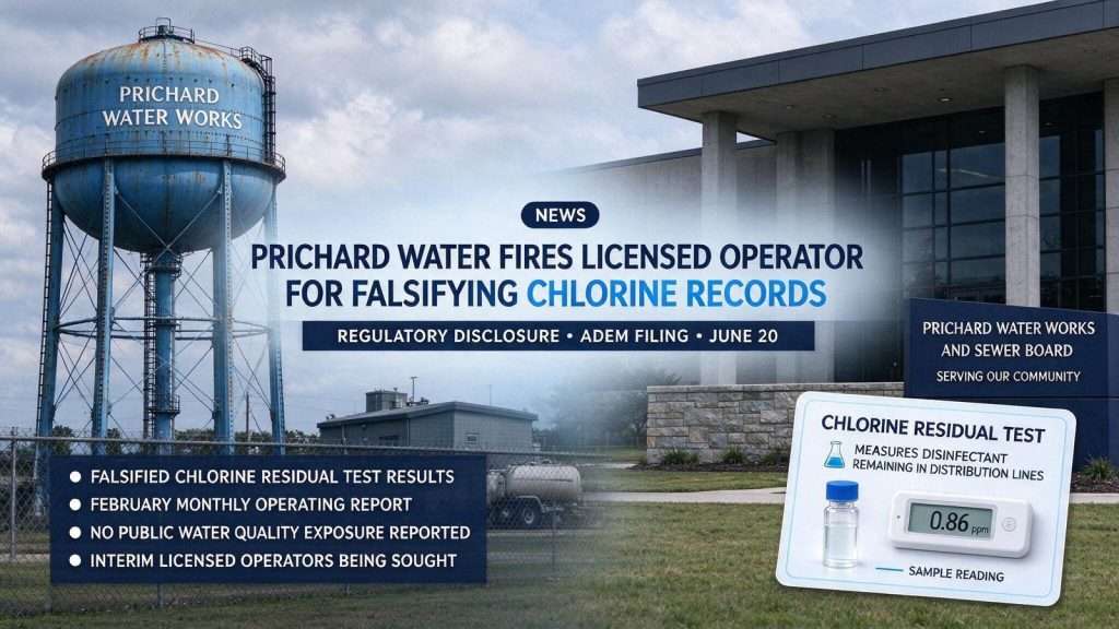 Illustration for the news story: Prichard Water Fires Licensed Operator for Falsifying Chlorine Records