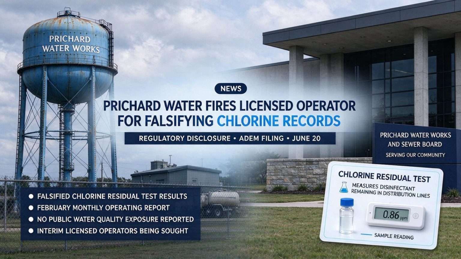 Illustration for the news story: Prichard Water Fires Licensed Operator for Falsifying Chlorine Records