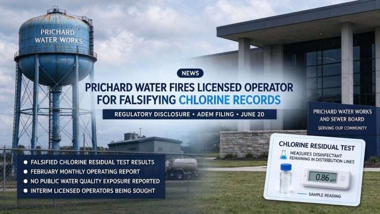 Illustration for the news story: Prichard Water Fires Licensed Operator for Falsifying Chlorine Records