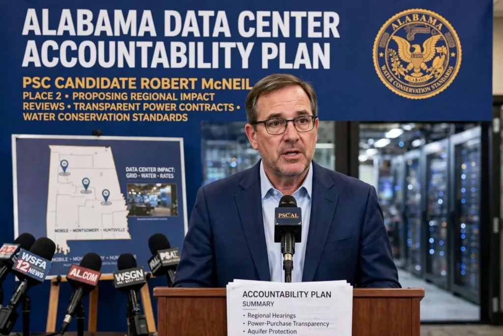 Illustration for the news story: PSC Candidate McNeil Proposes Alabama Data Center Accountability Plan