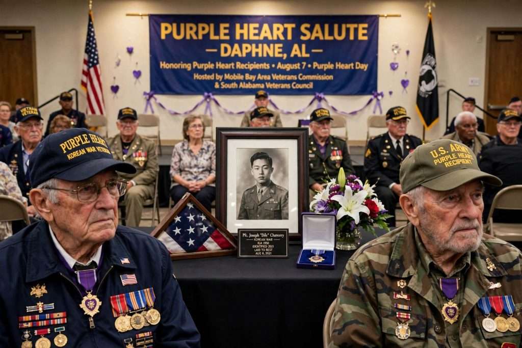 Illustration for the news story: Purple Heart Recipients Honored at Daphne Ceremony, Including Korean War Soldier Laid to Rest After 75 Years