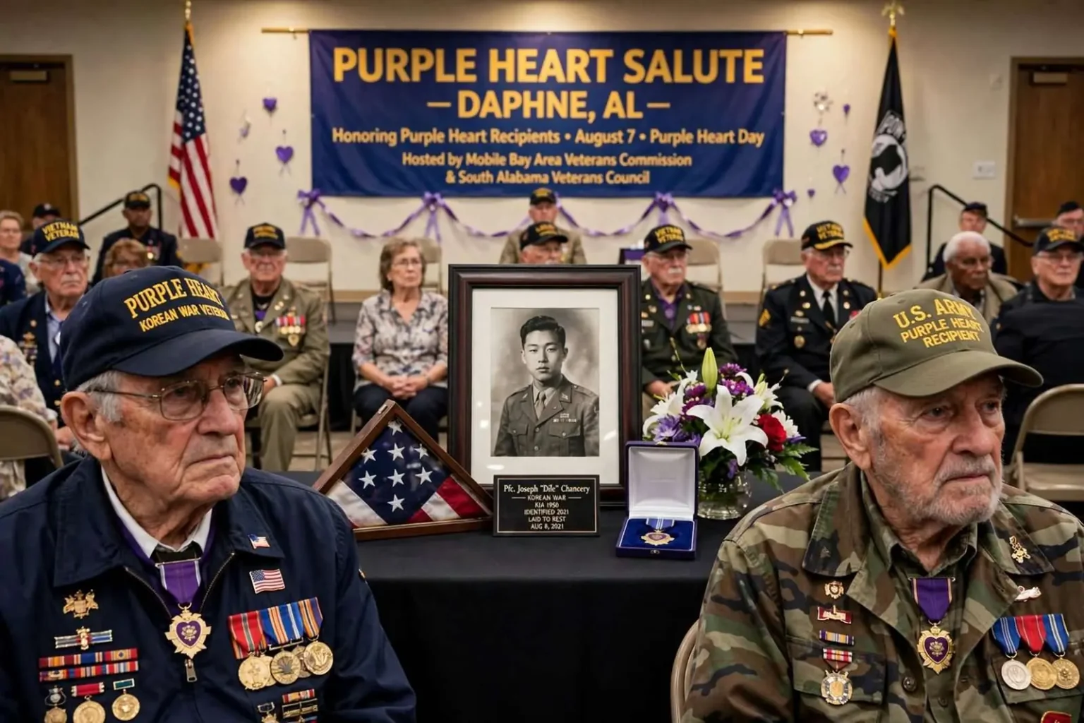 Illustration for the news story: Purple Heart Recipients Honored at Daphne Ceremony, Including Korean War Soldier Laid to Rest After 75 Years