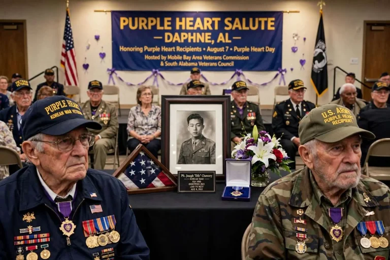 Illustration for the news story: Purple Heart Recipients Honored at Daphne Ceremony, Including Korean War Soldier Laid to Rest After 75 Years