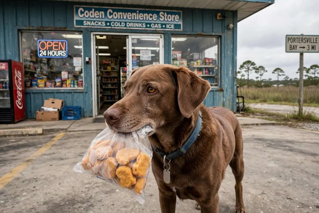 Illustration for the news story: Ranger the Dog Becomes Coden Convenience Store’s Repeat, Beloved Shoplifter