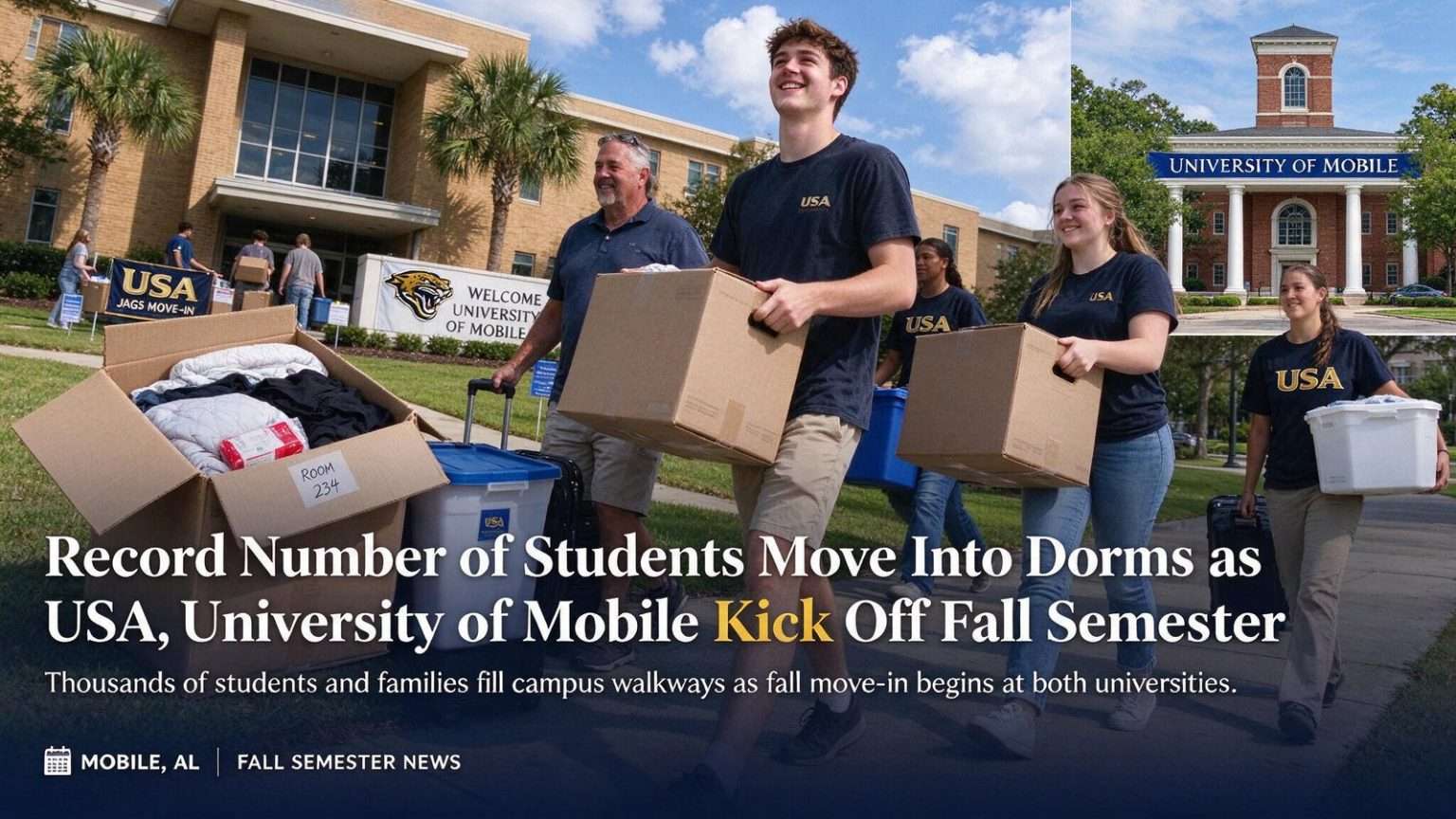 Illustration for the news story: Record Number of Students Move Into Dorms as USA, University of Mobile Kick Off Fall Semester