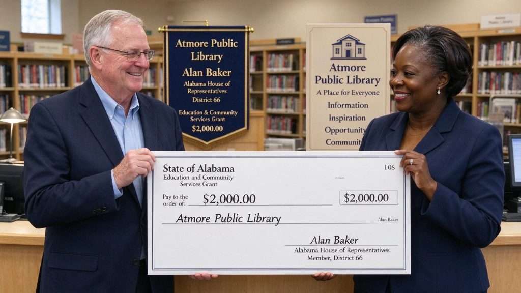 Illustration for the news story: Rep. Alan Baker Presents Atmore Public Library With $2,000 Grant