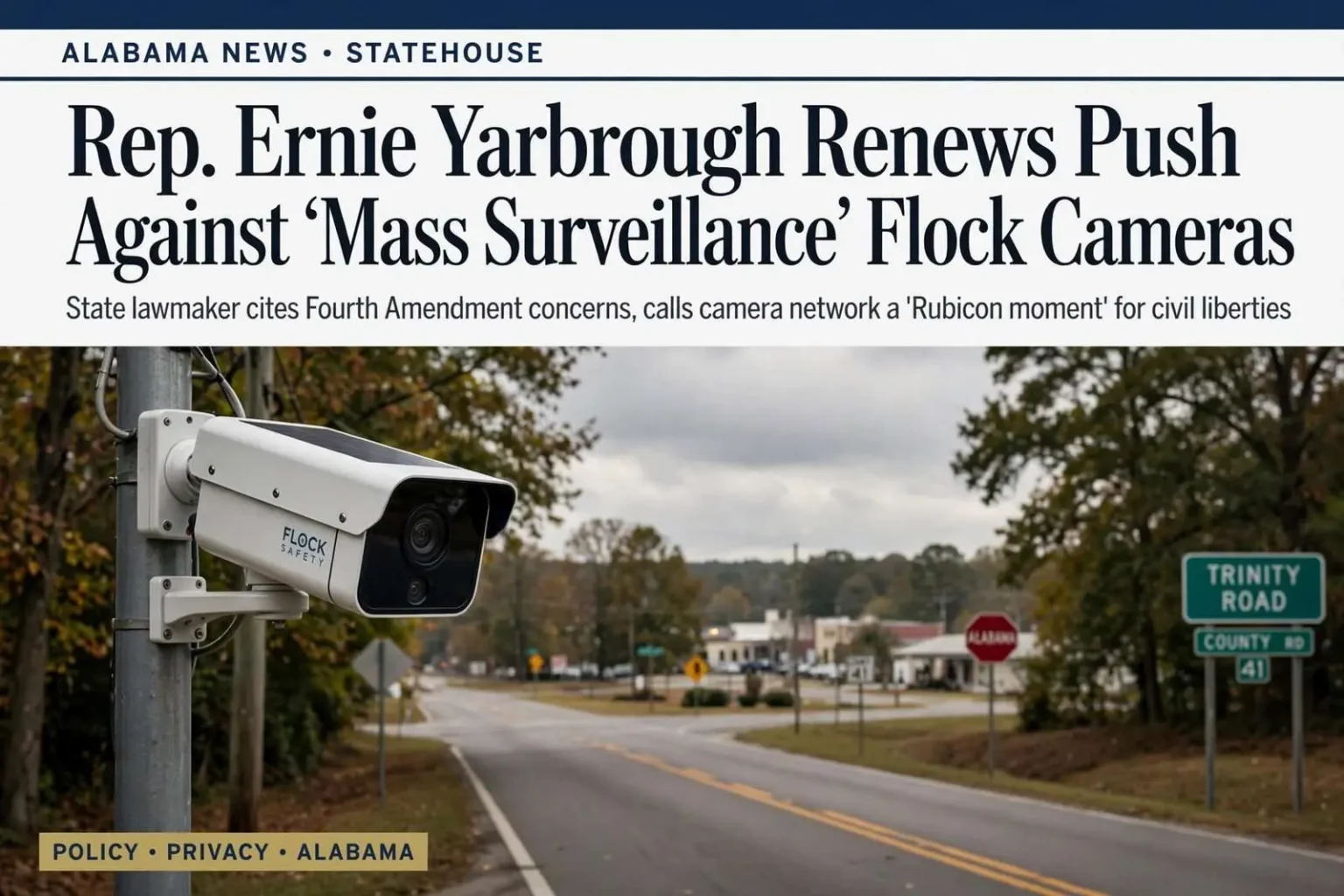 Illustration for the news story: Rep. Ernie Yarbrough Renews Push Against ‘Mass Surveillance’ Flock Cameras