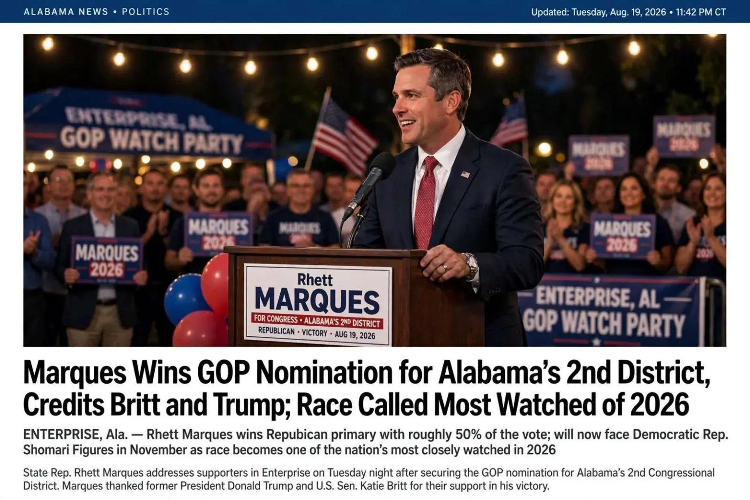 Illustration for the news story: Marques Wins GOP Nomination for Alabama’s 2nd District, Credits Britt and Trump; Race Called Most Watched of 2026