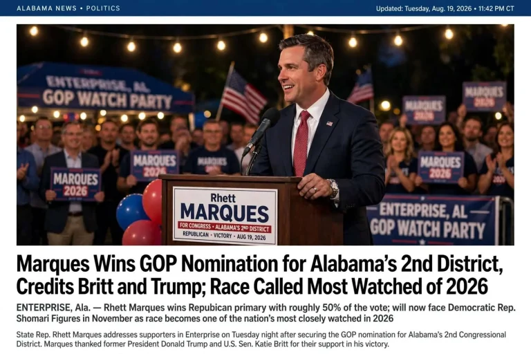 Illustration for the news story: Marques Wins GOP Nomination for Alabama’s 2nd District, Credits Britt and Trump; Race Called Most Watched of 2026