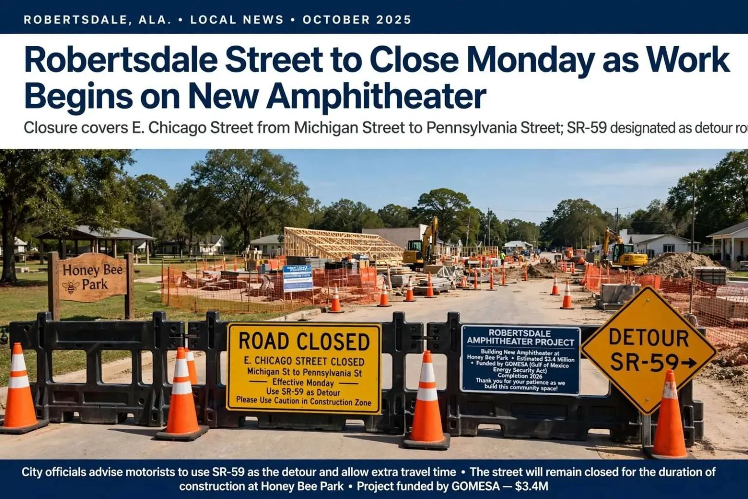 Illustration for the news story: Robertsdale Street to Close Monday as Work Begins on New Amphitheater