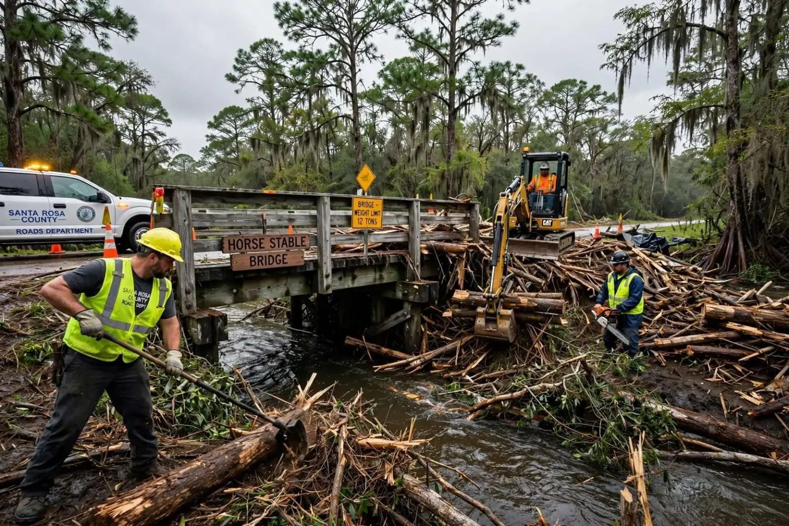 Illustration for the news story: Santa Rosa County Crews Clear Storm Debris From Bridges as More Rain Threatens