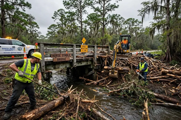Illustration for the news story: Santa Rosa County Crews Clear Storm Debris From Bridges as More Rain Threatens