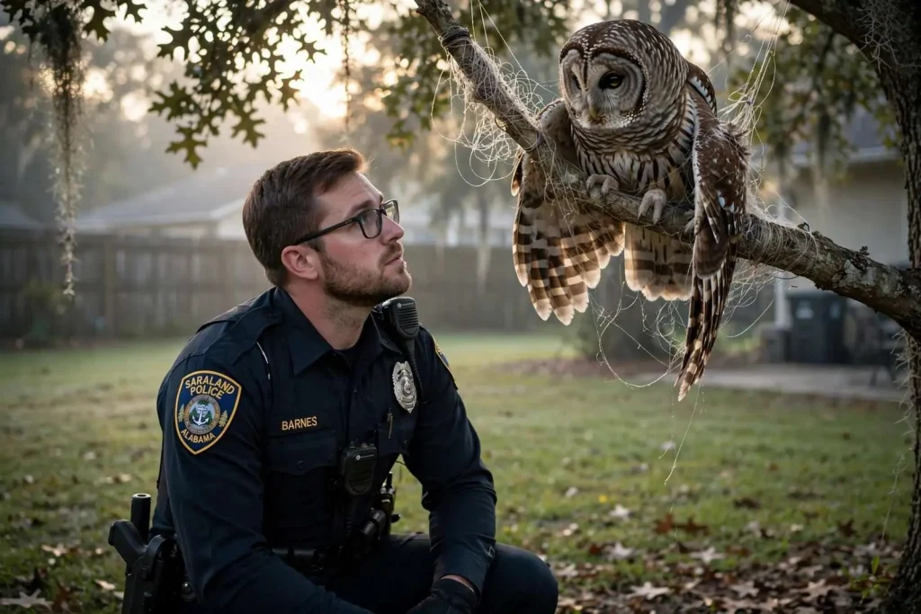 Illustration for the news story: Saraland Officer Spends Hours Watching Over Injured Owl, Earns Community Honor