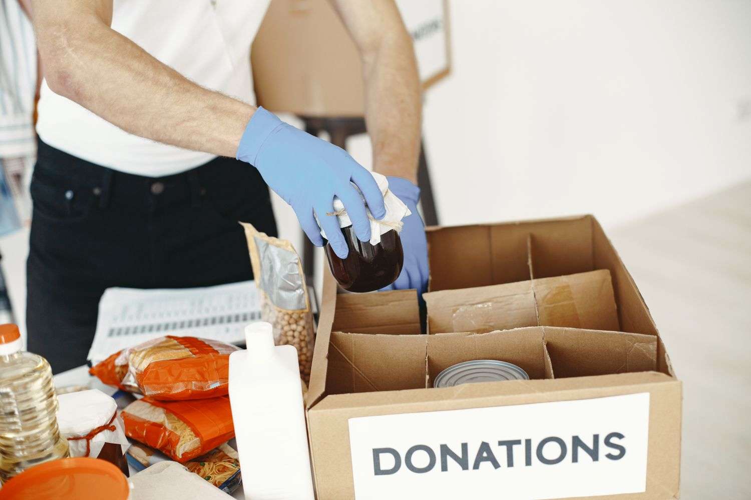 Boxes of donated non-perishable food